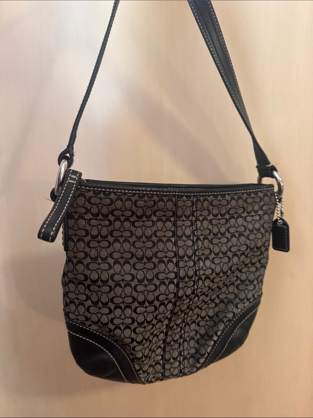 Coach Black Signature Jacquard Shoulder Bag with Leather Trim